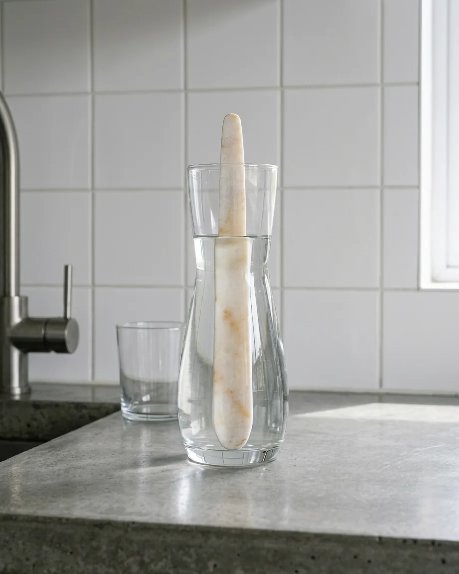The wand standing in the filled carafe on a concrete kitchen counter, an empty glass behind it.